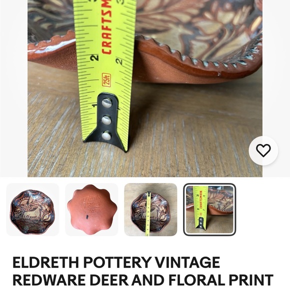 ELDRETH POTTERY VINTAGE
REDWARE DEER AND FLORAL PRINT WAVE EDGE DECORATIVE BOWL - Picture 4 of 5